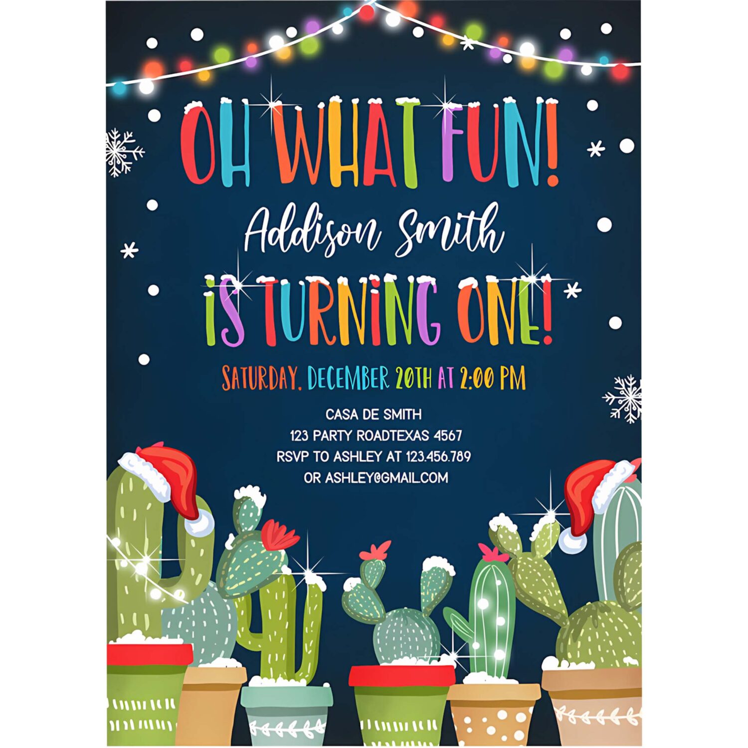 Editable oh what fun christmas fiesta invitation first birthday 1st cactus mexican holiday feliz navidad printable corjl template 0273 4