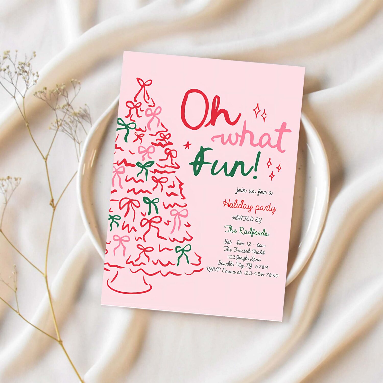 Editable oh what fun christmas party invitation pink red christmas tree holiday party christmas cocktail party invite instant download jj9 1