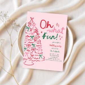 Editable oh what fun christmas party invitation pink red christmas tree holiday party christmas cocktail party invite instant download jj9 1