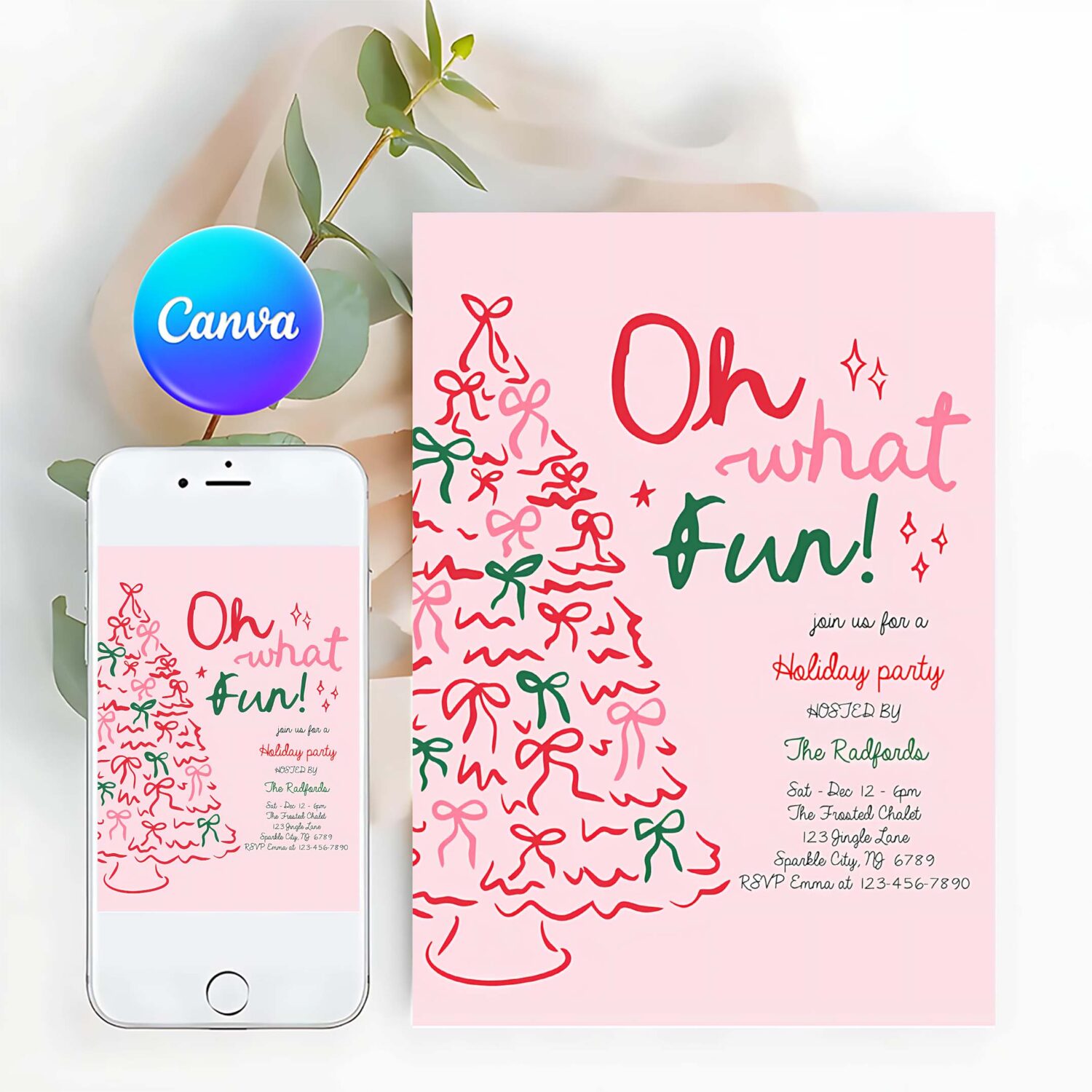 Editable oh what fun christmas party invitation pink red christmas tree holiday party christmas cocktail party invite instant download jj9