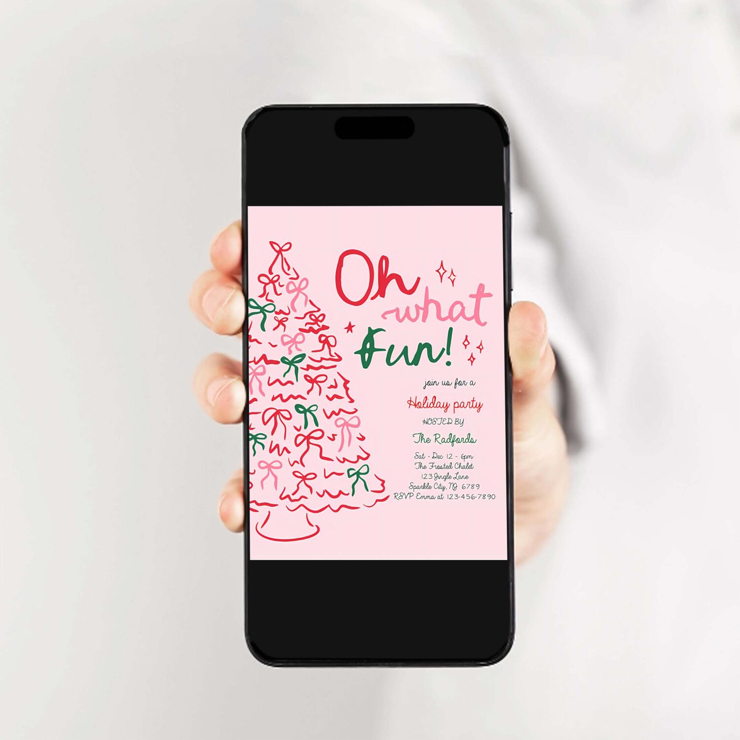 Editable oh what fun christmas party invitation pink red christmas tree holiday party christmas cocktail party invite instant download jj9 2