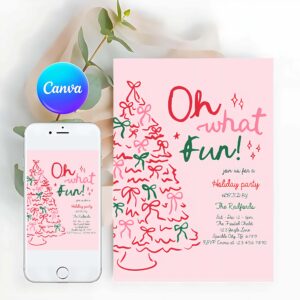 Oh What Fun Invitation, Oh What Fun Christmas Party Invitation Pink & Red Christmas Tree Holiday Party Christmas Cocktail Party Invite