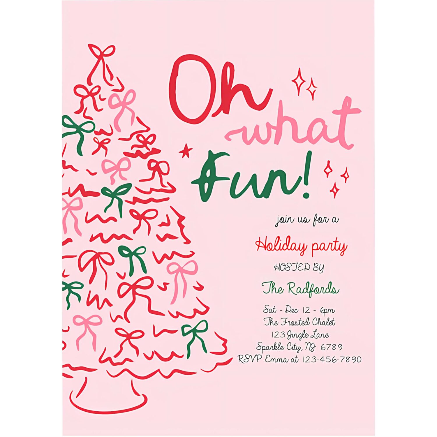 Editable oh what fun christmas party invitation pink red christmas tree holiday party christmas cocktail party invite instant download jj9 4