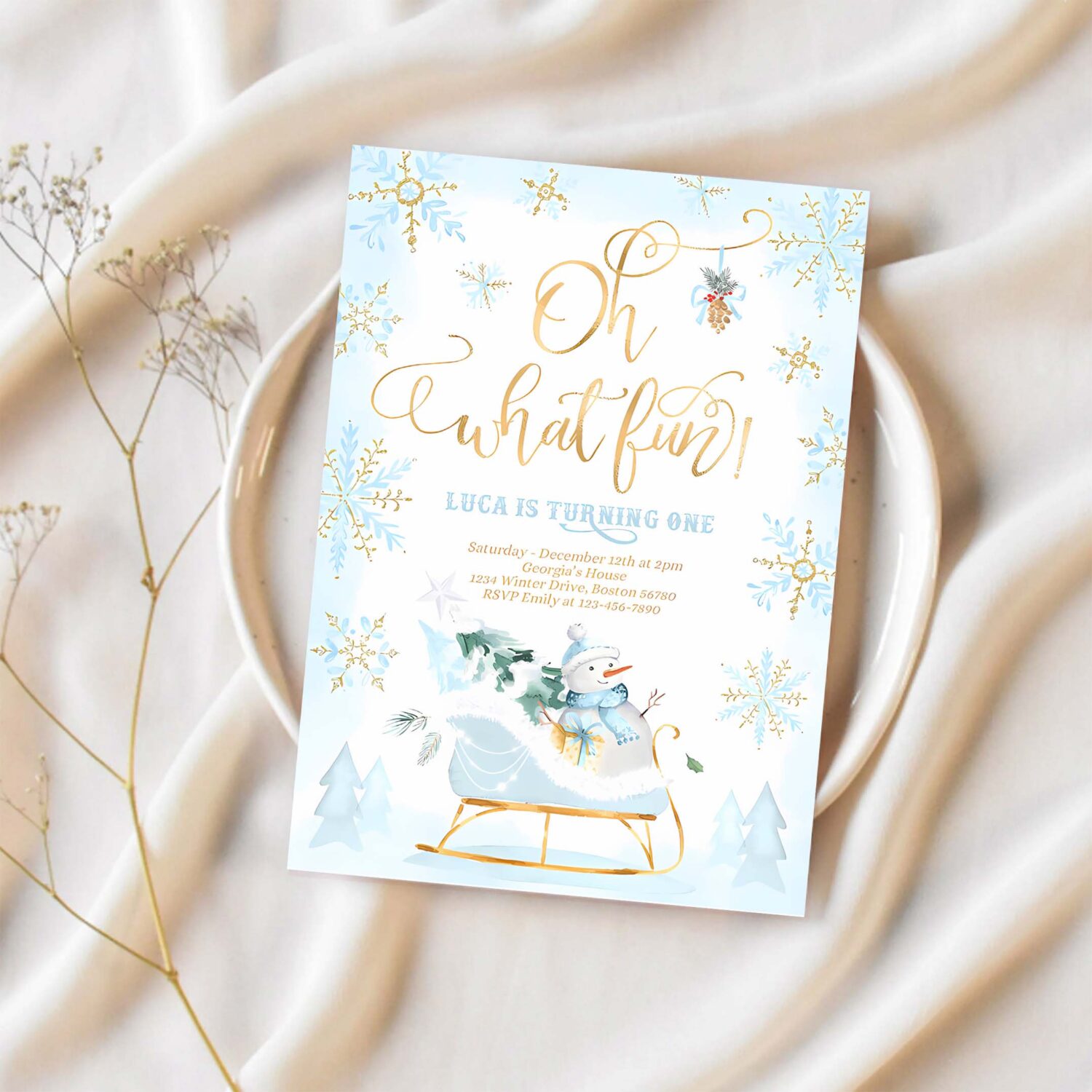 Editable oh what fun winter birthday invitation blue winter sleigh birthday christmas holiday sleigh party 1