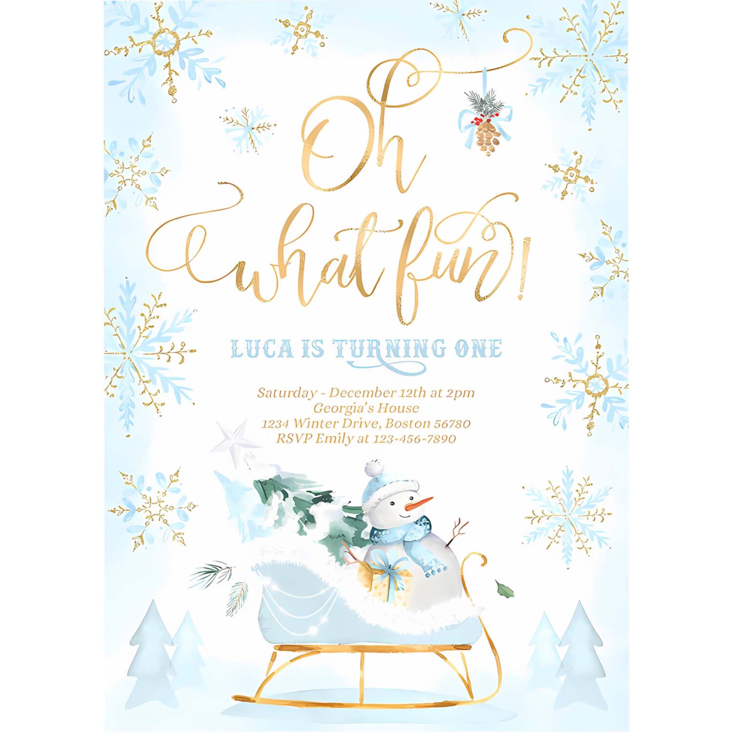 Editable oh what fun winter birthday invitation blue winter sleigh birthday christmas holiday sleigh party 4