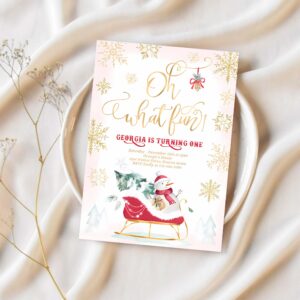 Editable oh what fun winter birthday invitation red winter sleigh birthday christmas holiday sleigh party 1