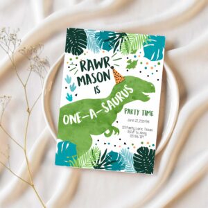 Editable one a saurus dinosaur birthday invitation dino t rex boy first birthday 1st rawr roar green blue prehistoric corjl template 0389 1