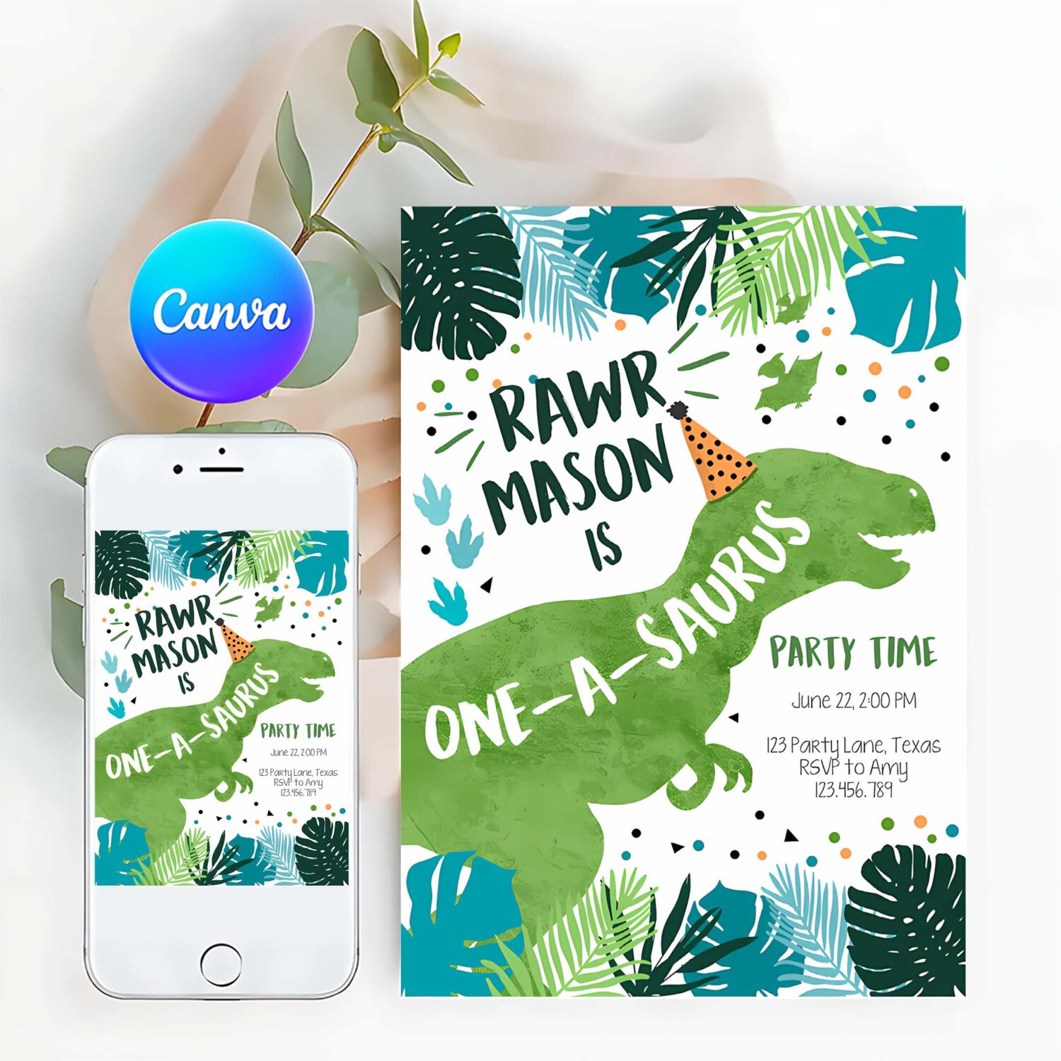 Editable one a saurus dinosaur birthday invitation dino t rex boy first birthday 1st rawr roar green blue prehistoric corjl template 0389