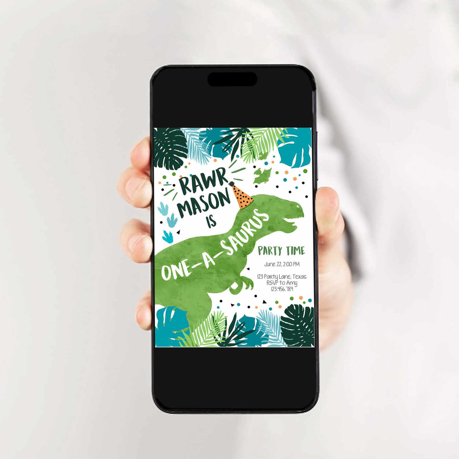 Editable one a saurus dinosaur birthday invitation dino t rex boy first birthday 1st rawr roar green blue prehistoric corjl template 0389 2