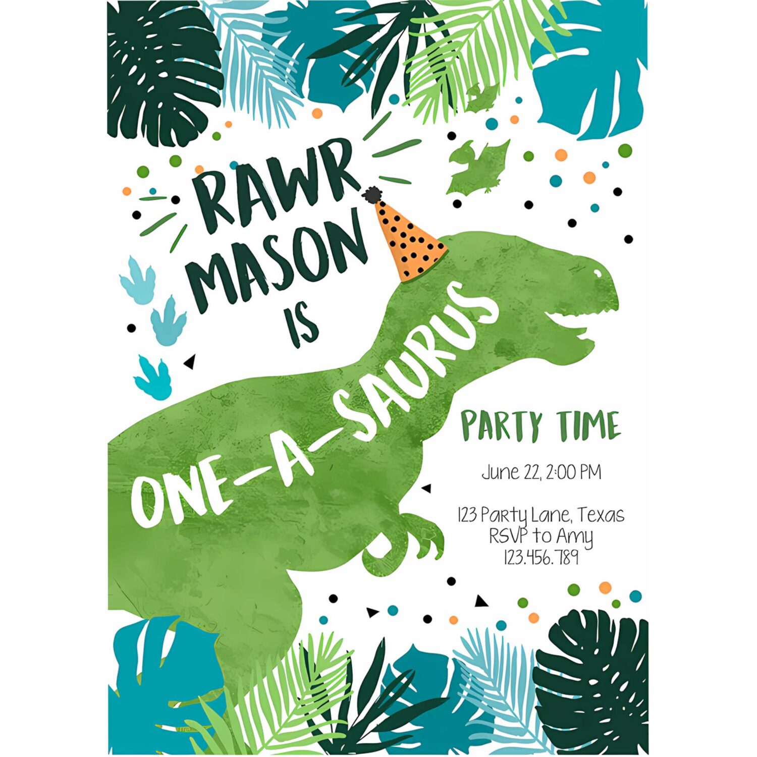 Editable one a saurus dinosaur birthday invitation dino t rex boy first birthday 1st rawr roar green blue prehistoric corjl template 0389 4