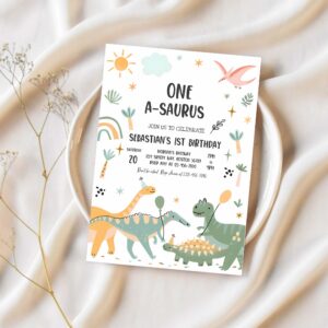 Editable one a saurus dinosaur birthday party invitation dinosaur t rex birthday party jurassic dino 1st birthday party 1