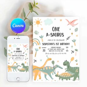Dinosaur Invitation, One-A-Saurus Dinosaur Birthday Party Invitation