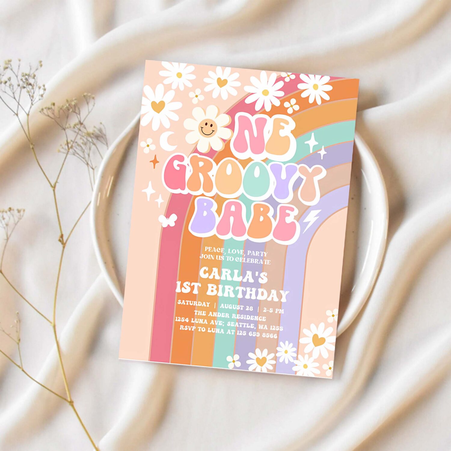 Editable one groovy babe invite daisy rainbow groovy 1st birthday invite hippie retro 1st birthday invitation 1