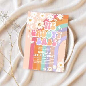 Editable one groovy babe invite daisy rainbow groovy 1st birthday invite hippie retro 1st birthday invitation 1