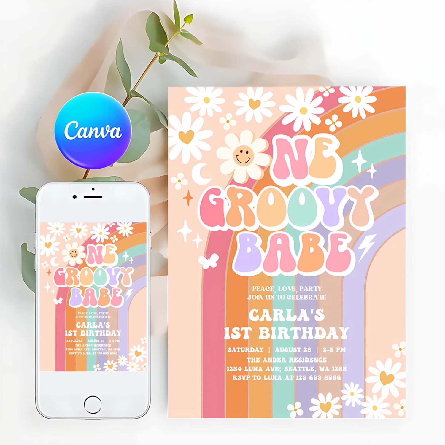 Editable one groovy babe invite daisy rainbow groovy 1st birthday invite hippie retro 1st birthday invitation