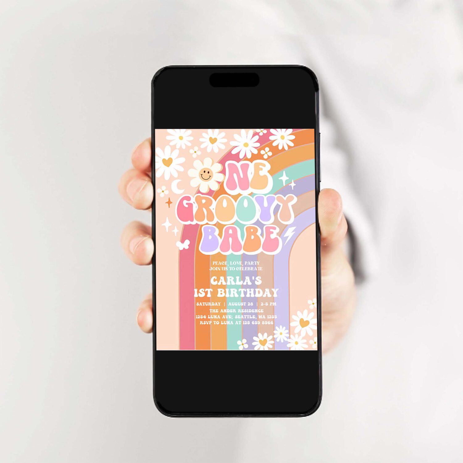 Editable one groovy babe invite daisy rainbow groovy 1st birthday invite hippie retro 1st birthday invitation 2