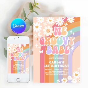 Groovy Invitation, One Groovy Babe Invitation Daisy Rainbow Groovy 1st Birthday, Birthday Invitation Hippie Invitation