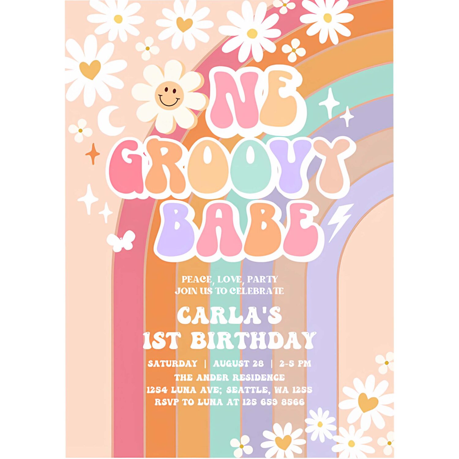 Editable one groovy babe invite daisy rainbow groovy 1st birthday invite hippie retro 1st birthday invitation 4