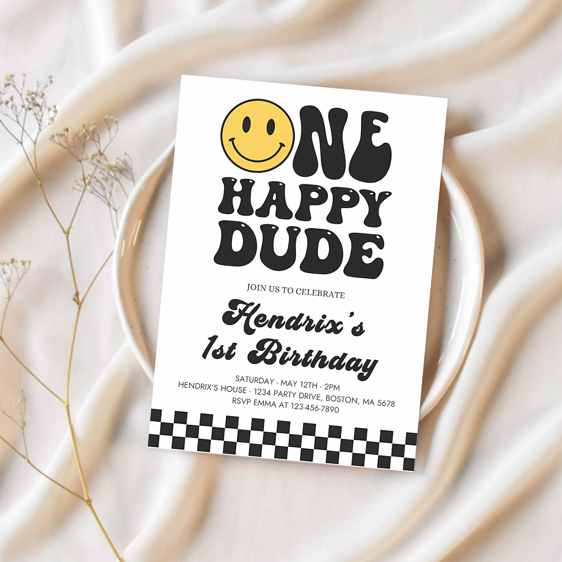 Editable One Happy Dude Birthday Invitation Smiley Face 1st Birthday Invitation One Cool Dude 1st Birthday Hipster Party