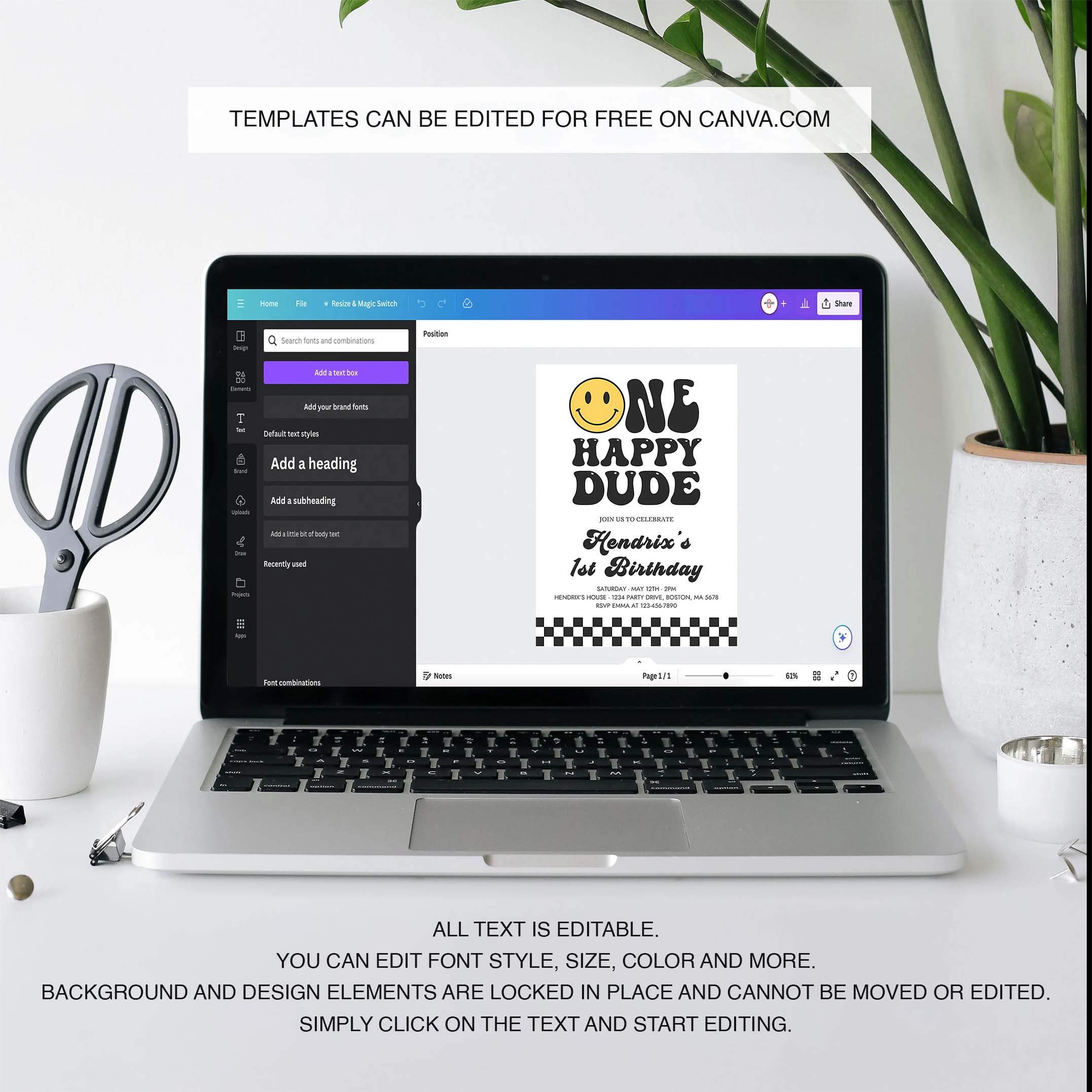 Editable One Happy Dude Birthday Invitation Smiley Face 1st Birthday Invitation One Cool Dude 1st Birthday Hipster Party