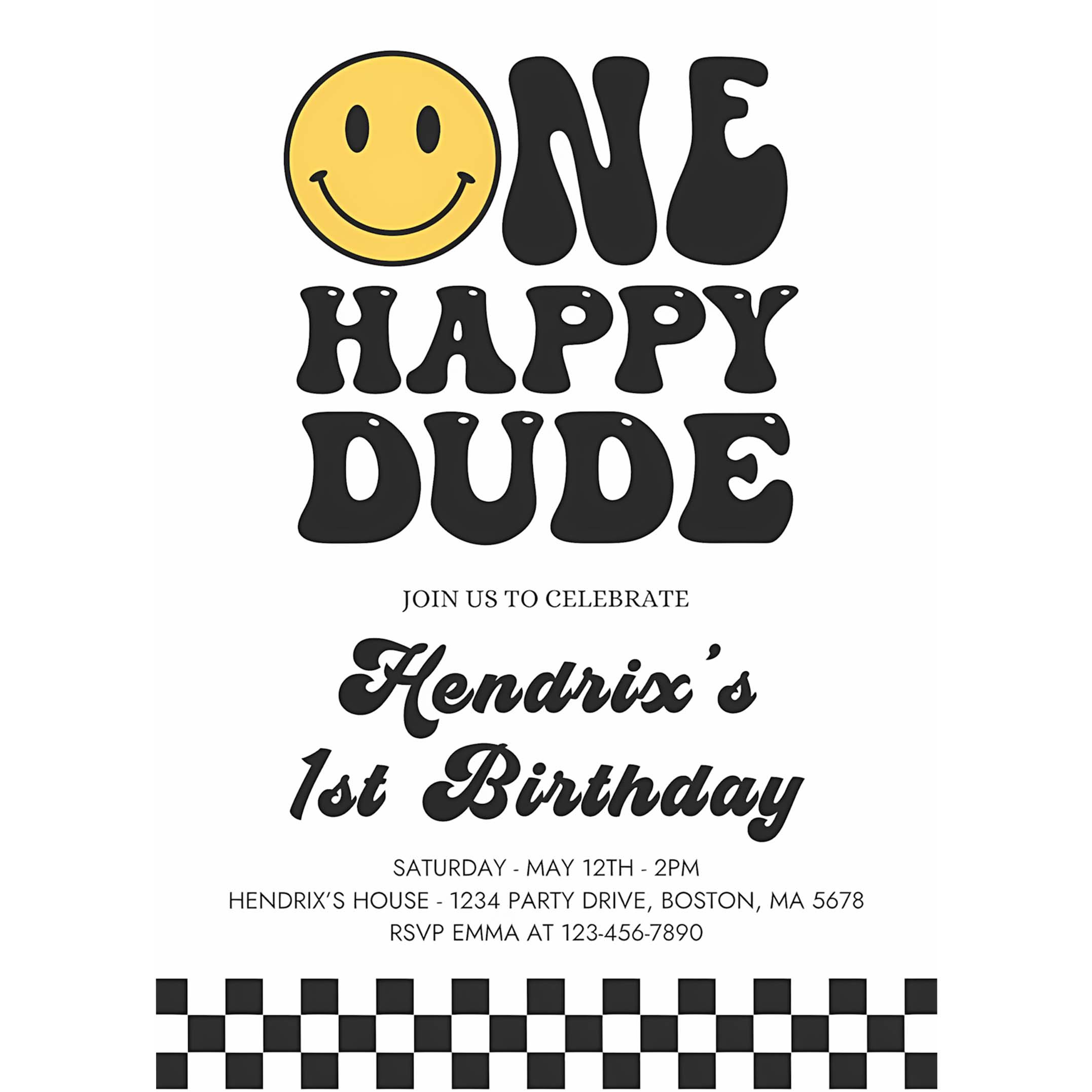 Editable One Happy Dude Birthday Invitation Smiley Face 1st Birthday Invitation One Cool Dude 1st Birthday Hipster Party