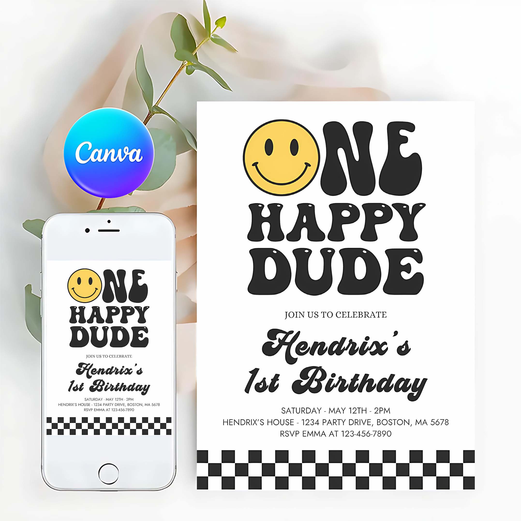 Editable One Happy Dude Birthday Invitation Smiley Face 1st Birthday Invitation One Cool Dude 1st Birthday Hipster Party