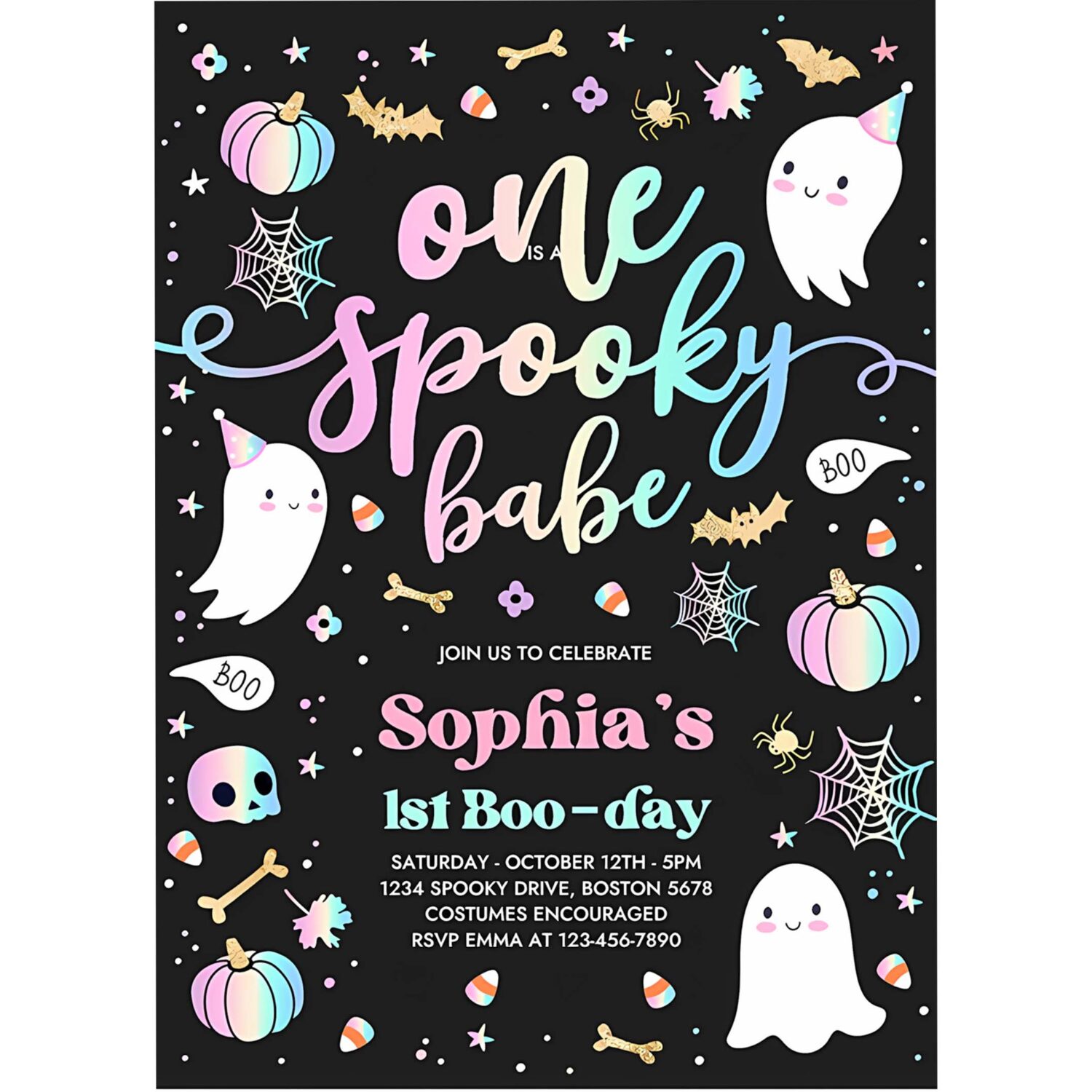 Editable one spooky babe cute pink ghost 1st birthday party invitation cute pink ghost 1st birthday spooktacular party instant download dq 4