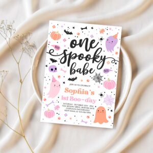 Editable one spooky babe cute pink ghost 1st birthday party invitation cute pink ghost 1st birthday spooktacular party instant download f6 1