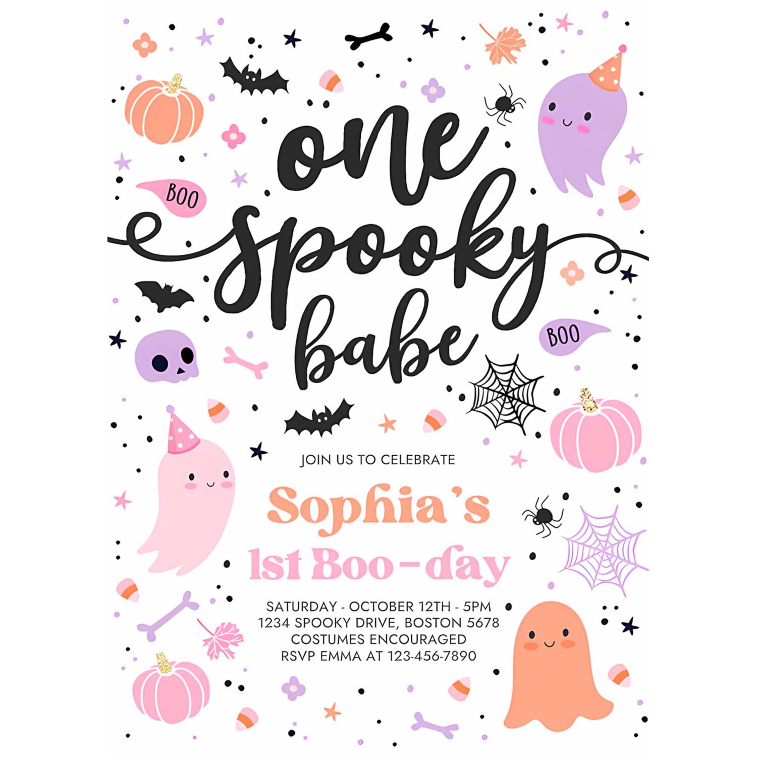 Editable one spooky babe cute pink ghost 1st birthday party invitation cute pink ghost 1st birthday spooktacular party instant download f6 4