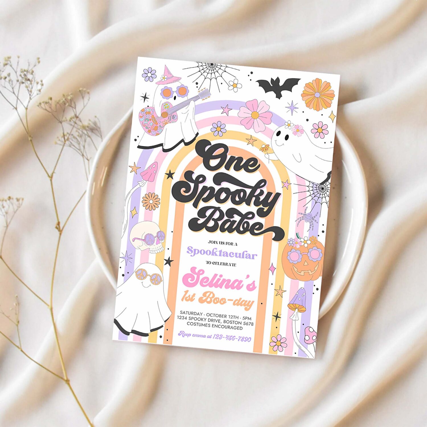 Editable one spooky babe halloween ghost 1st birthday invitation retro groovy rainbow ghost birthday hippie halloween instant download l3 1