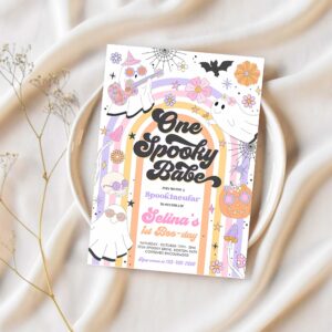 Editable one spooky babe halloween ghost 1st birthday invitation retro groovy rainbow ghost birthday hippie halloween instant download l3 1