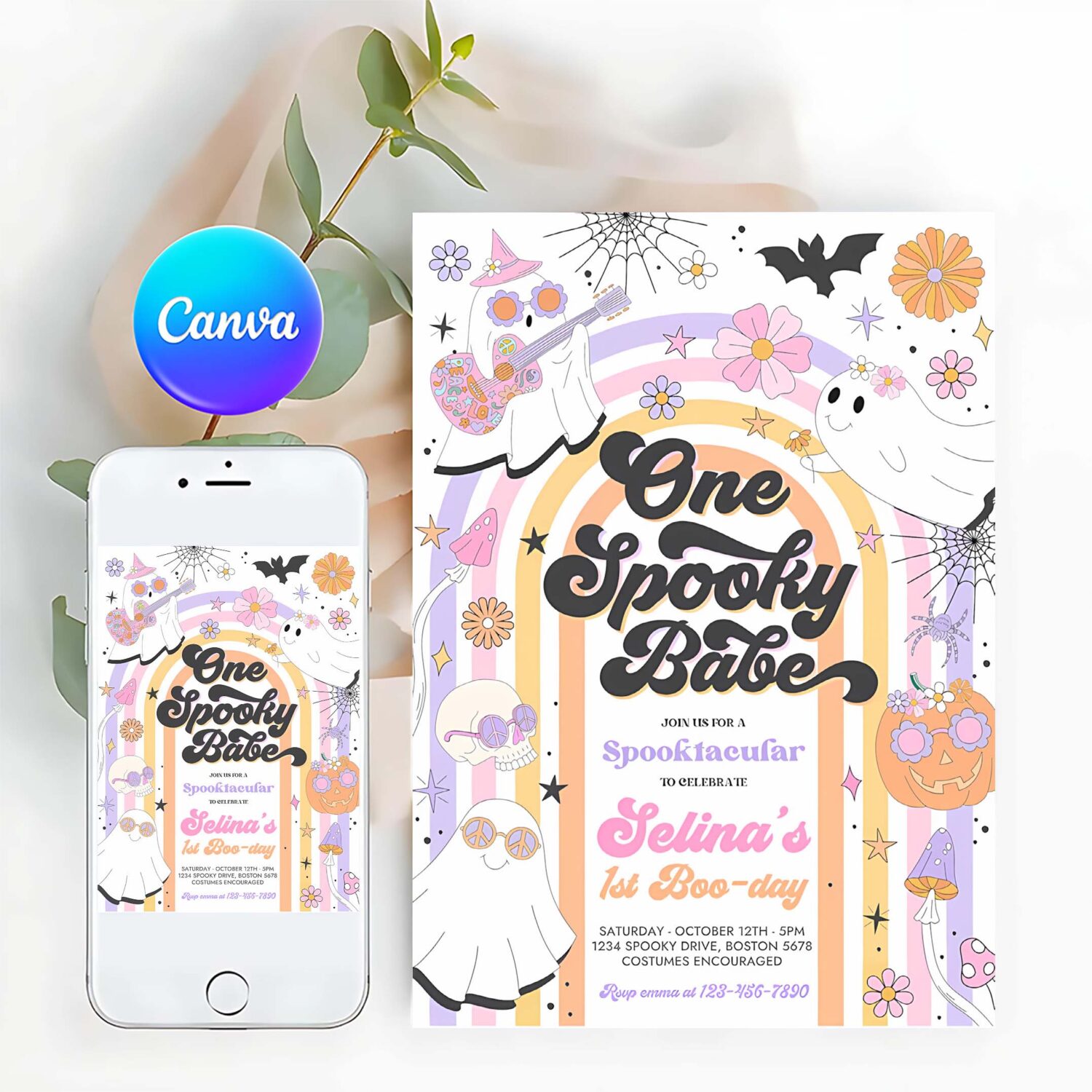 Editable one spooky babe halloween ghost 1st birthday invitation retro groovy rainbow ghost birthday hippie halloween instant download l3