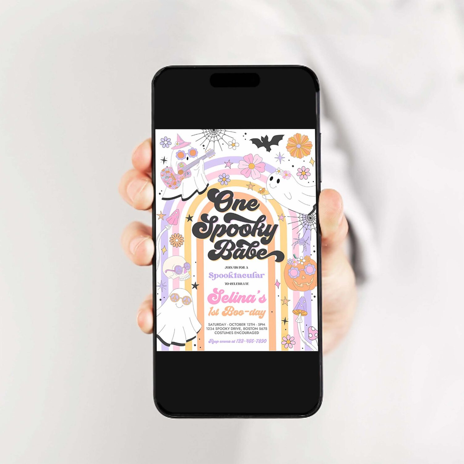 Editable one spooky babe halloween ghost 1st birthday invitation retro groovy rainbow ghost birthday hippie halloween instant download l3 2