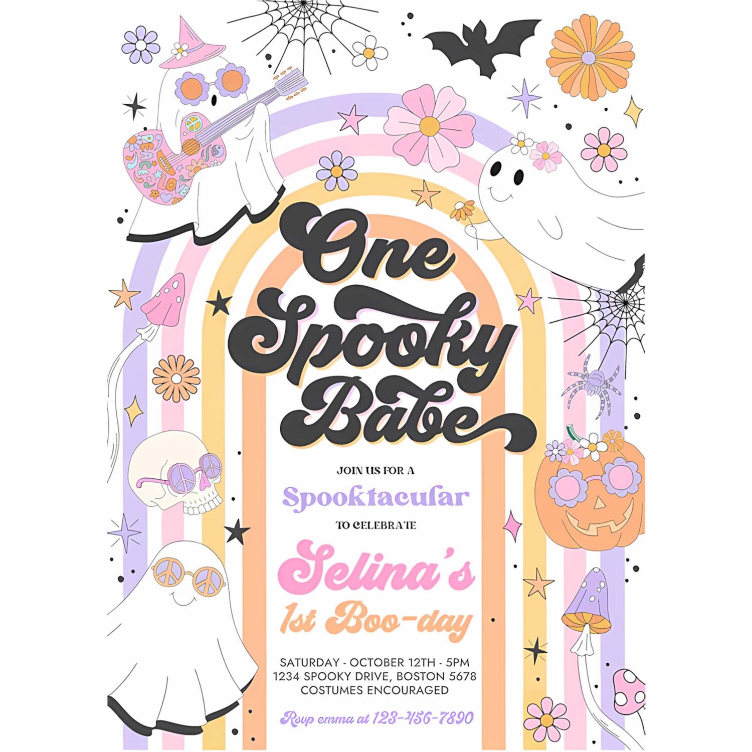 Editable one spooky babe halloween ghost 1st birthday invitation retro groovy rainbow ghost birthday hippie halloween instant download l3 4