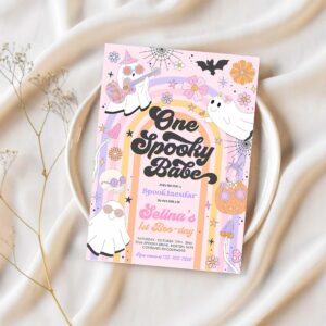 Editable one spooky babe halloween ghost 1st birthday invitation retro groovy rainbow ghost birthday hippie halloween instant download v6 1