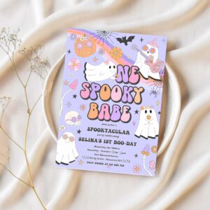 Editable one spooky babe halloween ghost 1st birthday invitation retro groovy rainbow ghost birthday hippie halloween instant download v7 1