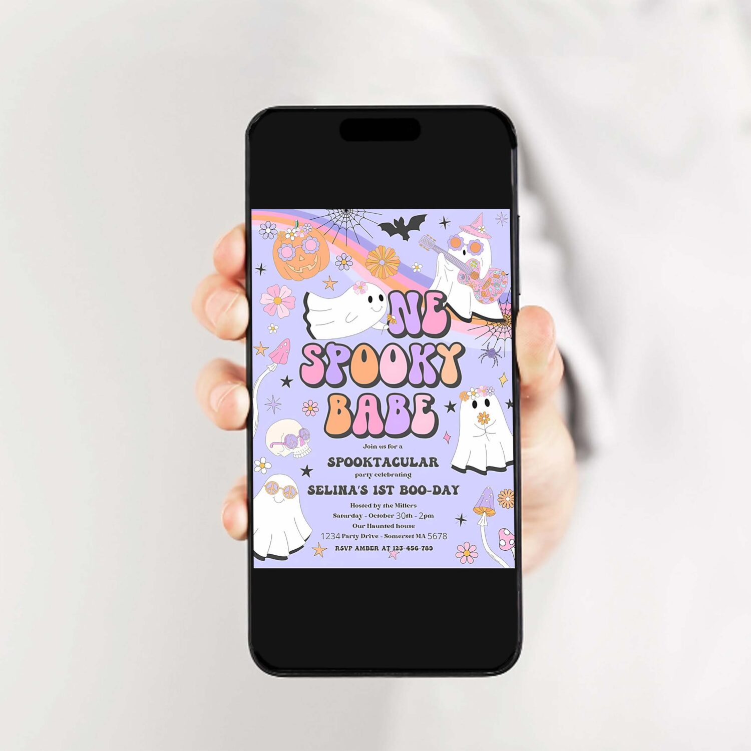 Editable one spooky babe halloween ghost 1st birthday invitation retro groovy rainbow ghost birthday hippie halloween instant download v7 2