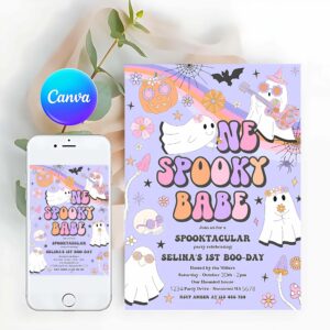 Spooky One Invitation, One Spooky Babe Halloween Ghost 1st Birthday Invitation Retro Groovy Rainbow Ghost Birthday Hippie Halloween