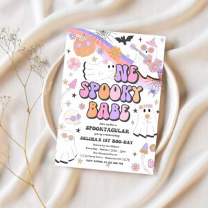Editable one spooky babe halloween ghost 1st birthday invitation retro groovy rainbow ghost birthday hippie halloween instant download v9 1