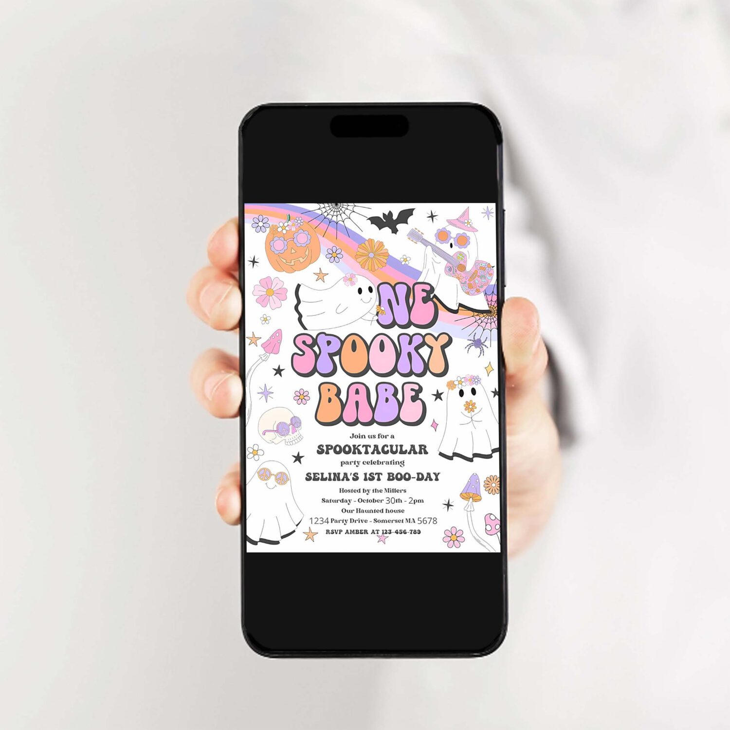 Editable one spooky babe halloween ghost 1st birthday invitation retro groovy rainbow ghost birthday hippie halloween instant download v9 2