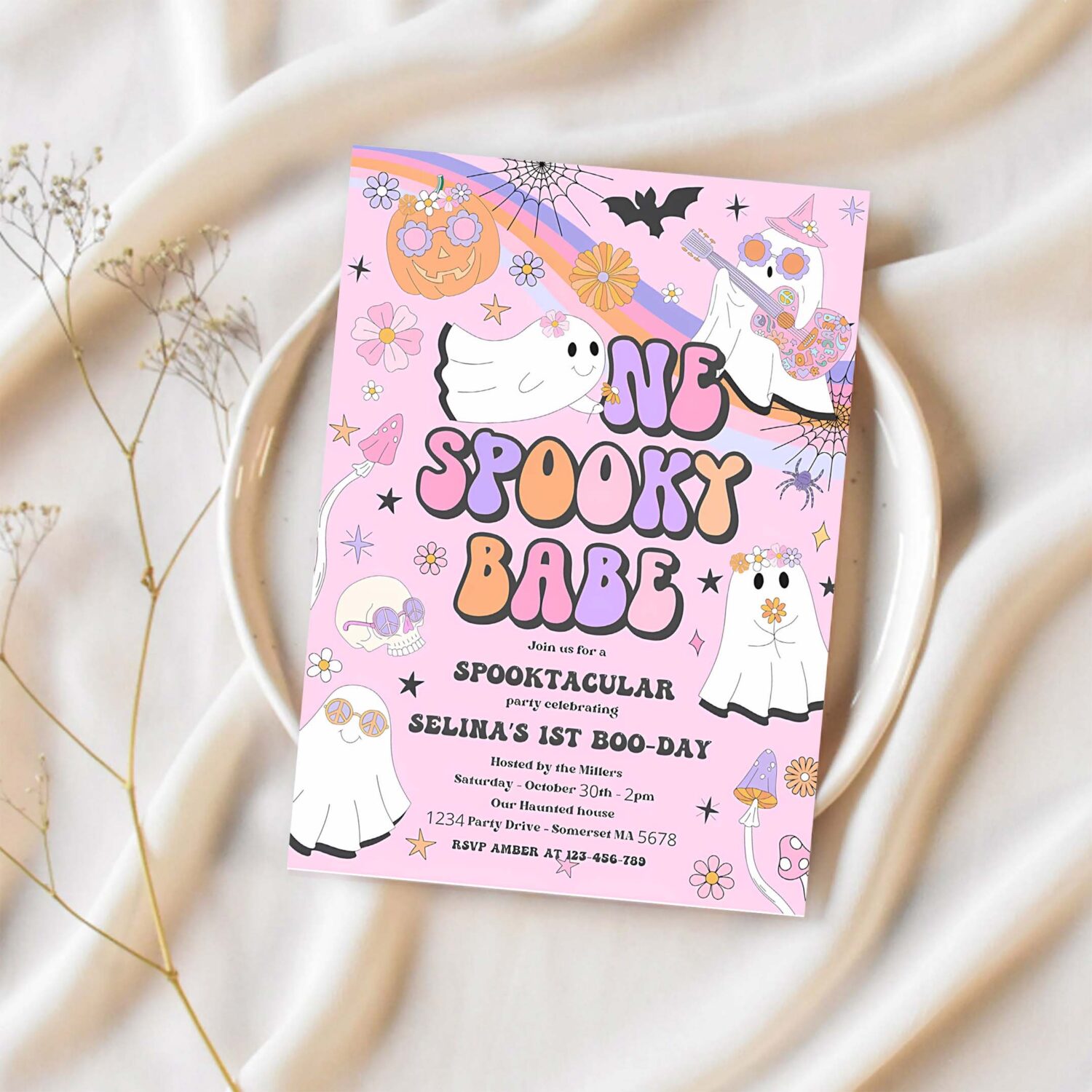 Editable one spooky babe halloween ghost 1st birthday invitation retro groovy rainbow ghost birthday hippie halloween instant download vu 1