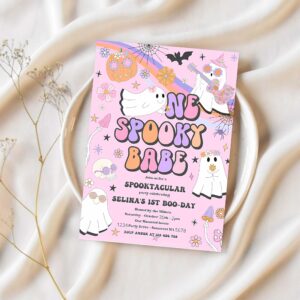 Editable one spooky babe halloween ghost 1st birthday invitation retro groovy rainbow ghost birthday hippie halloween instant download vu 1
