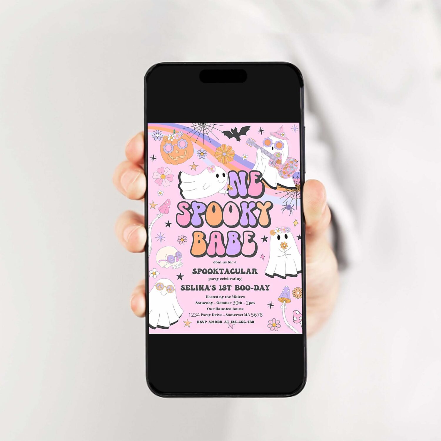 Editable one spooky babe halloween ghost 1st birthday invitation retro groovy rainbow ghost birthday hippie halloween instant download vu 2