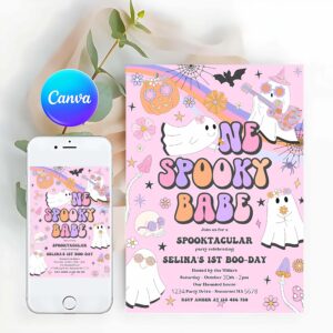 Spooky One Invitation, One Spooky Babe Halloween Ghost 1st Birthday Invitation Retro Groovy Rainbow Ghost Birthday Hippie Halloween