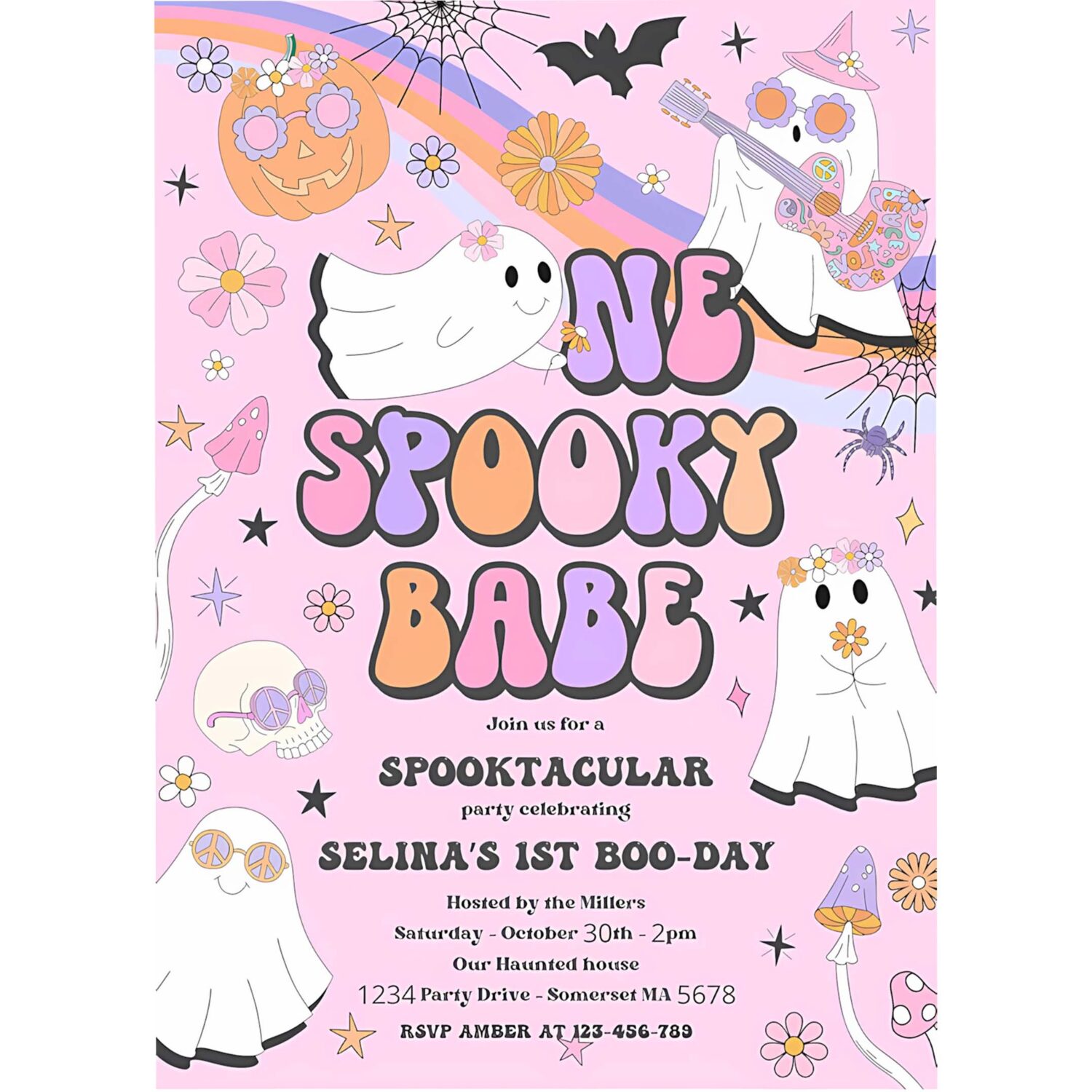 Editable one spooky babe halloween ghost 1st birthday invitation retro groovy rainbow ghost birthday hippie halloween instant download vu 4