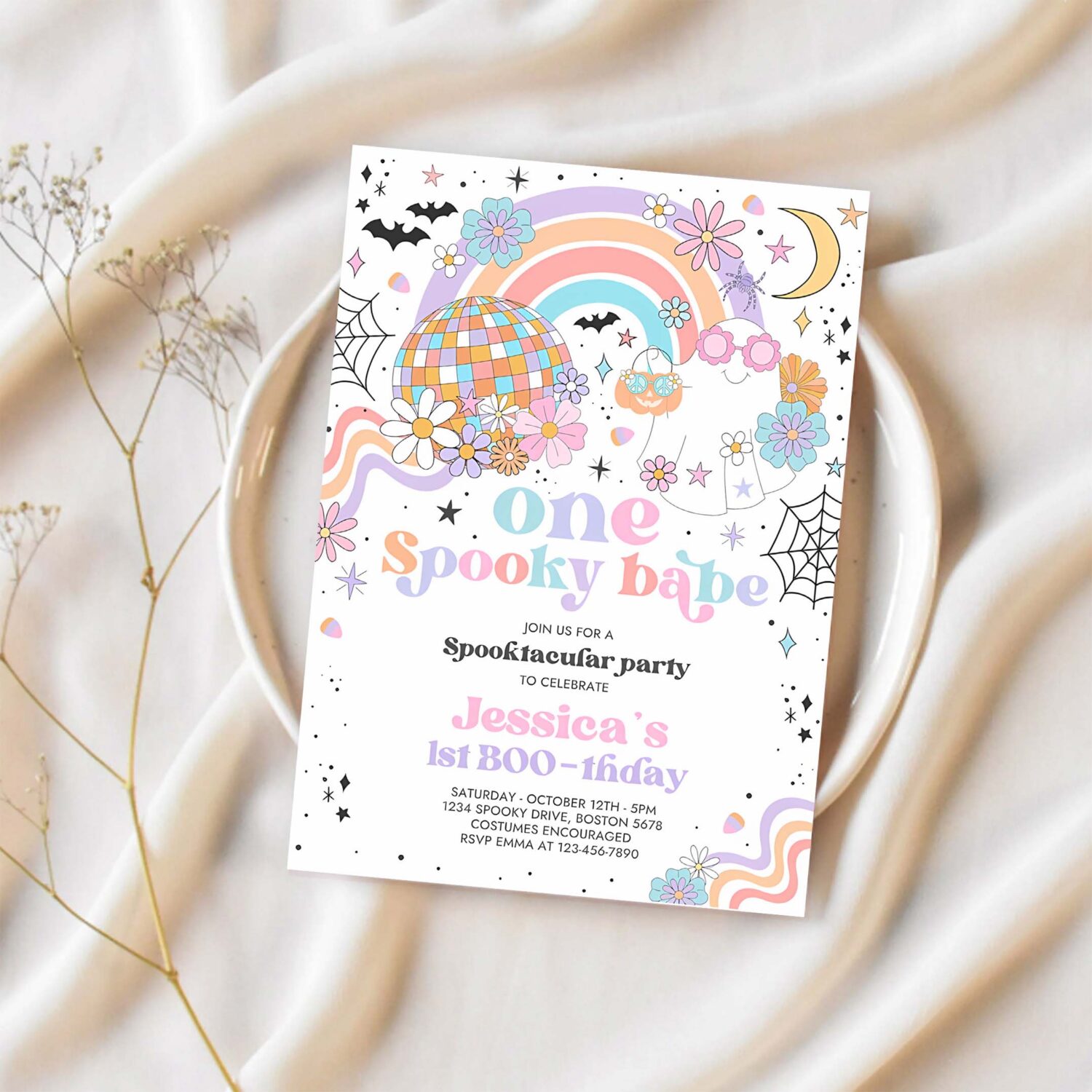 Editable one spooky babe halloween ghost 1st birthday party invitation groovy rainbow ghost party hippie halloween instant download 45g 1