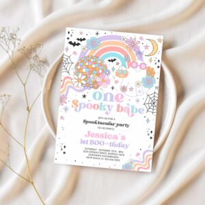 Editable one spooky babe halloween ghost 1st birthday party invitation groovy rainbow ghost party hippie halloween instant download 45g 1