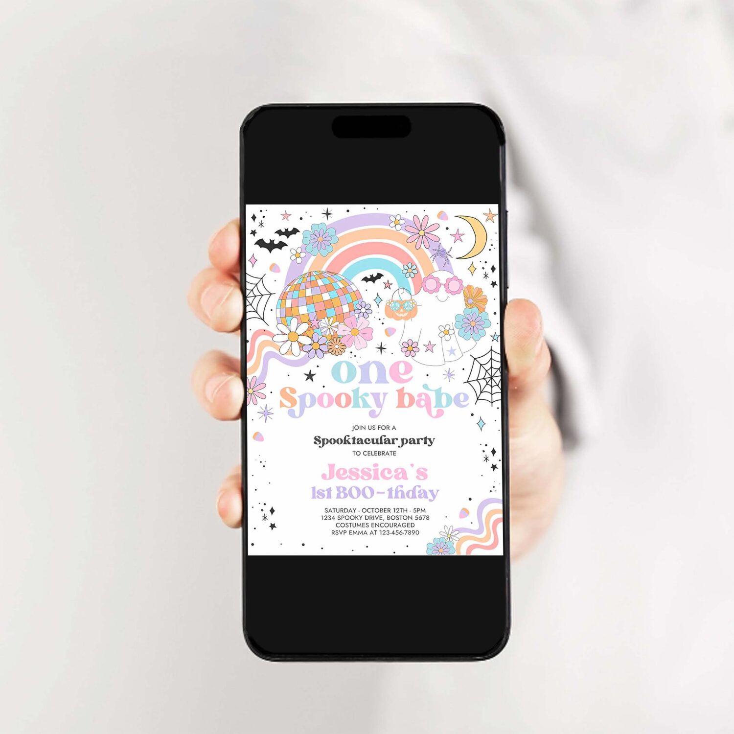 Editable one spooky babe halloween ghost 1st birthday party invitation groovy rainbow ghost party hippie halloween instant download 45g 2