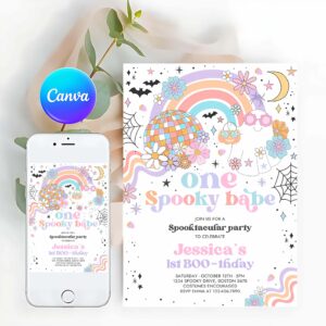 Spooky One Invitation, One Spooky Babe Halloween Ghost 1st Birthday Party Invitation Groovy Rainbow Ghost Party Hippie Halloween