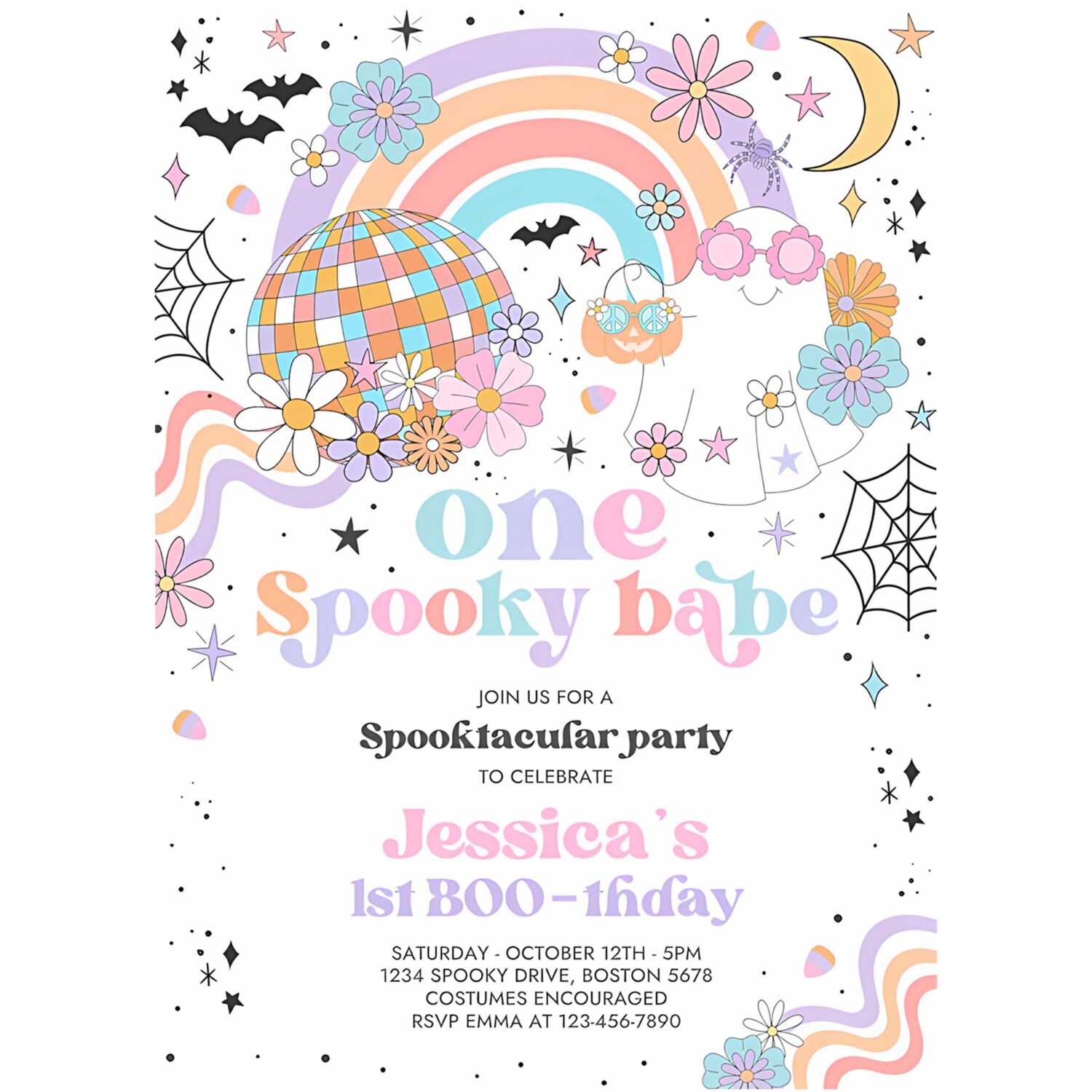 Editable one spooky babe halloween ghost 1st birthday party invitation groovy rainbow ghost party hippie halloween instant download 45g 4